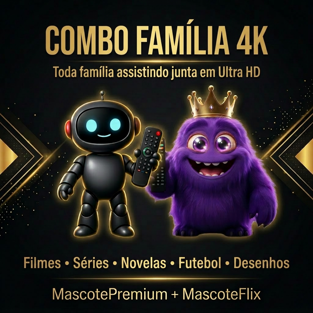 Combo Família 4K — Toda família assistindo junta em Ultra HD — Mascote Premium