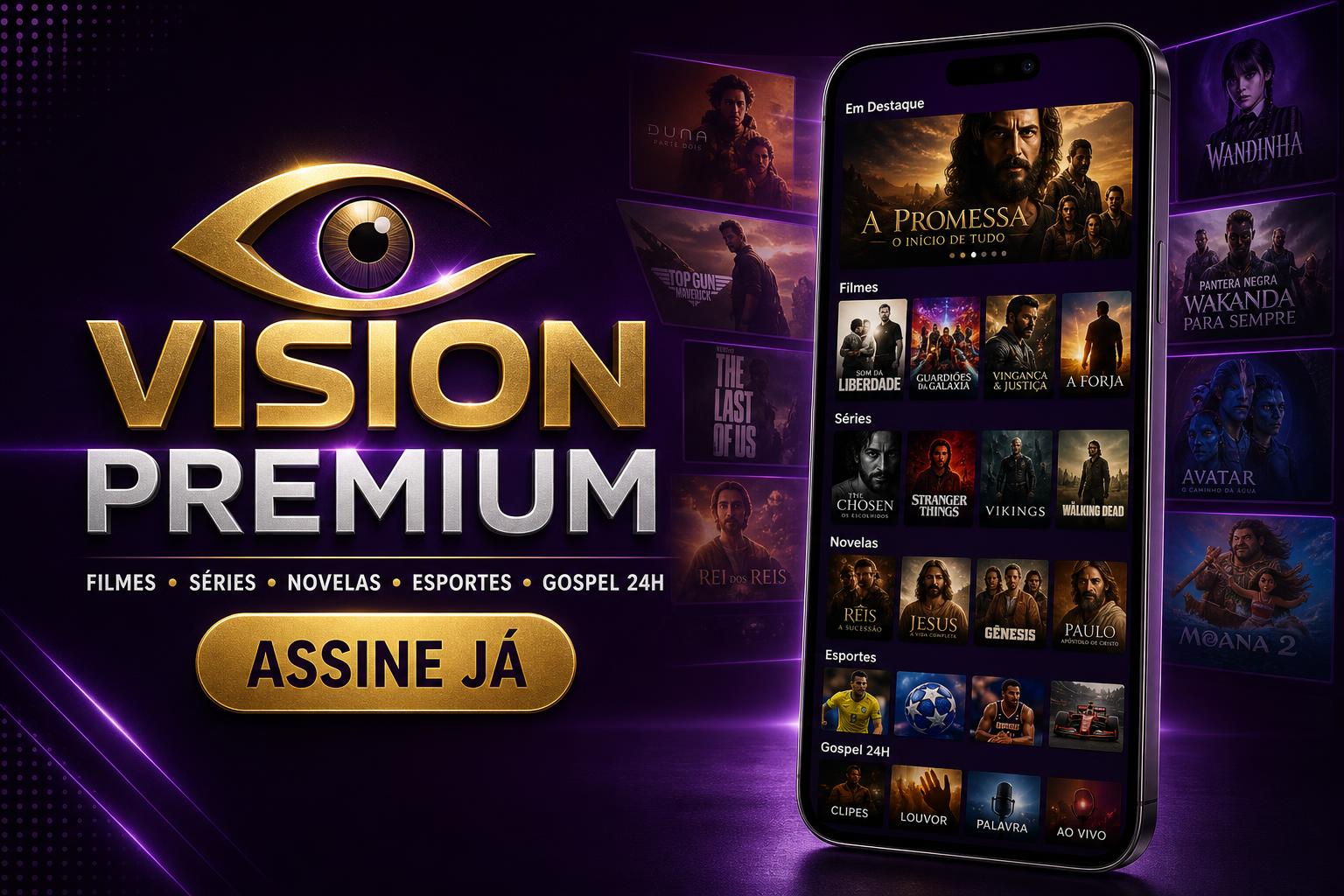 Vision Premium — Filmes, Séries, Novelas, Esportes e Gospel 24h — Mockup celular