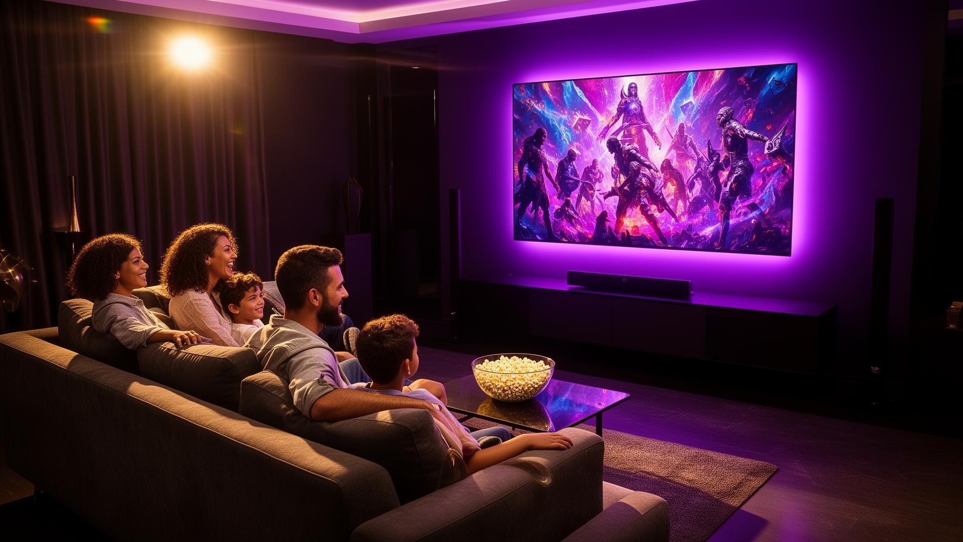 Família assistindo TV 4K com Mascote Premium