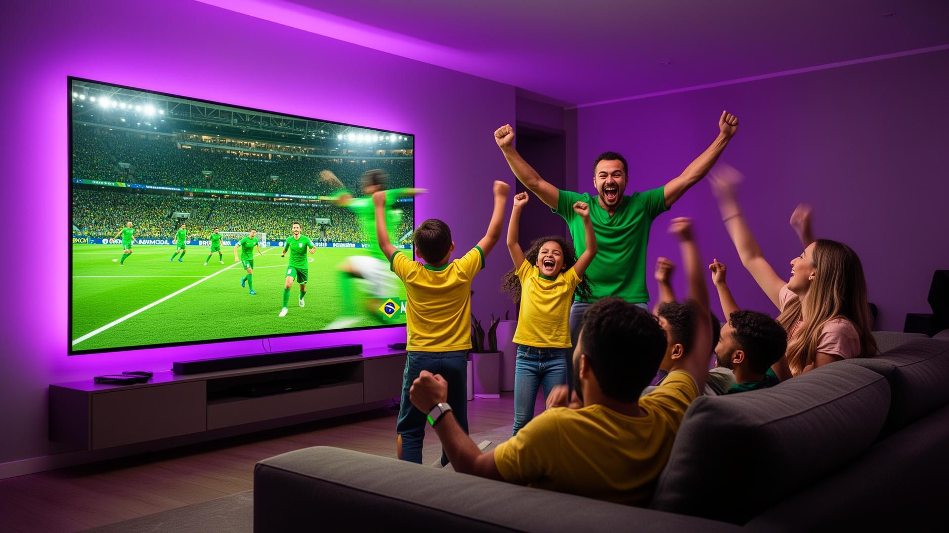 Família comemorando gol assistindo futebol em 4K