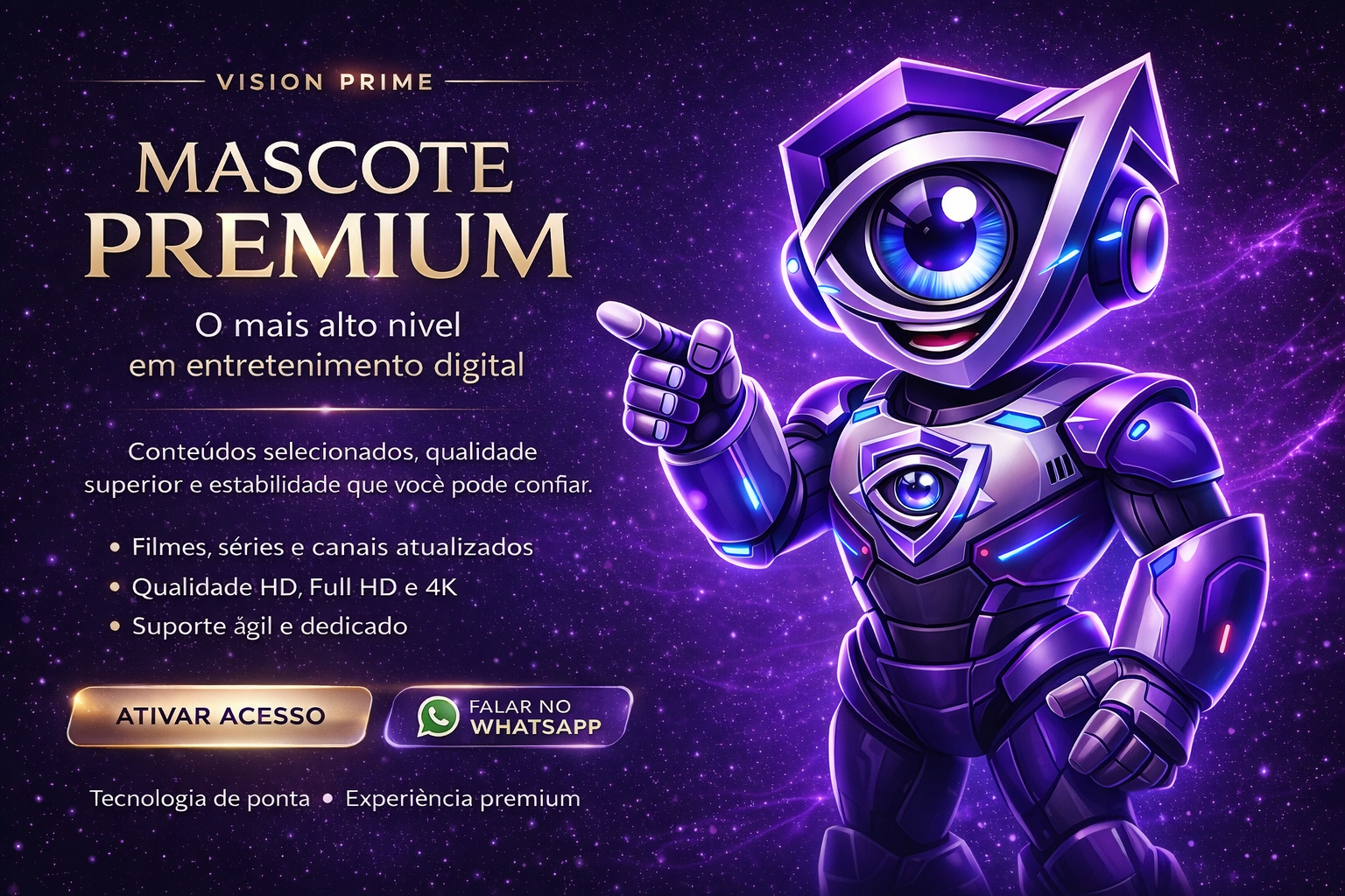Mascote Premium Vision Prime - Robô tecnológico roxo
